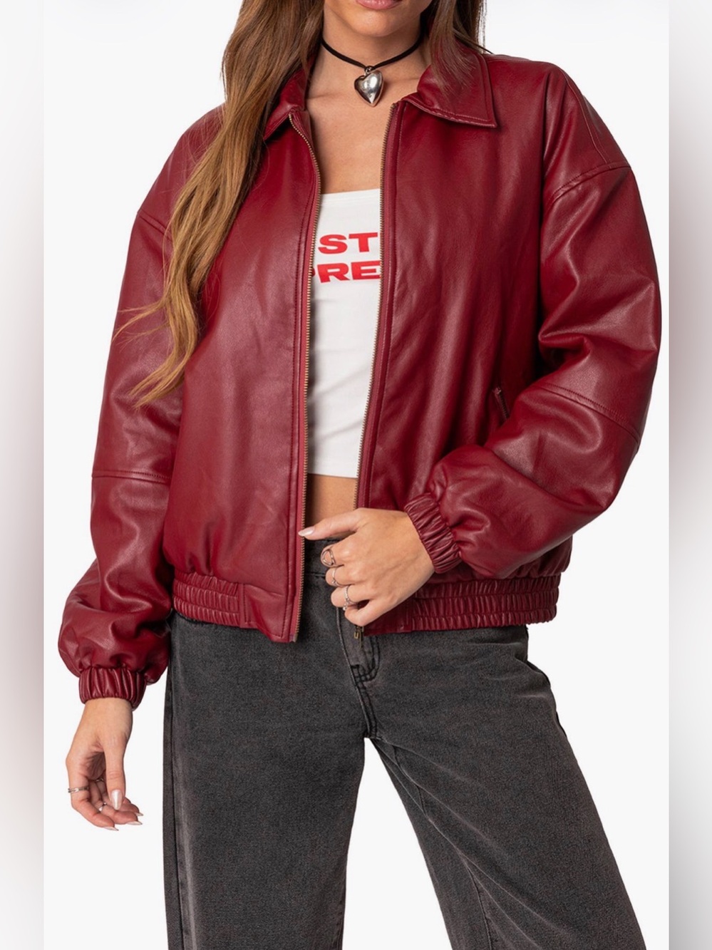 Edikted Halley Burgundy Faux Leather Zip Jacket